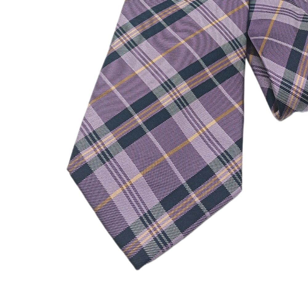 American Living Silk Tie Mens 60” Purple Yellow Plaid Wide Preppy New